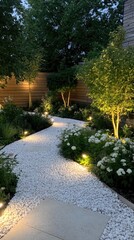 Obraz premium A tranquil Japanese courtyard showcases a gravel landscape with a stone path and wooden lanterns glowing softly, embodying serenity at night with a modern house