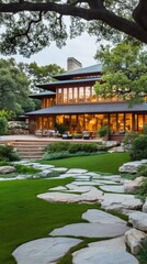 Fototapeta premium A tranquil Japanese courtyard showcases a gravel landscape with a stone path and wooden lanterns glowing softly, embodying serenity at night with a modern house