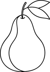 Simple Black Line Drawing of a Pear with Leaves on White Background