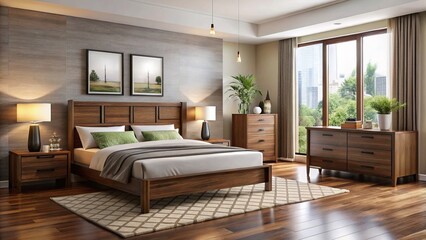 Naklejka premium Sleek and sophisticated, this modern bedroom furniture set includes bed, nightstands, dresser, and mirror, available