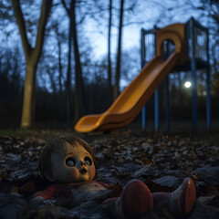 an old creepy toy doll with empty eye sockets lies near a children's slide in the night woods