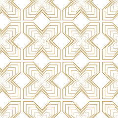 Abstract geometric pattern with crosses, stripes, lines. Seamless vector background. White and gold ornament. Modern reticulated graphic design.