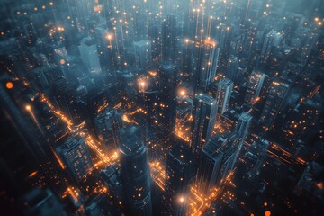 Obraz premium Aerial View of a City at Night with Glowing Lines and Lights