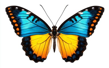 Naklejka premium Colorful butterfly with striking blue and orange wings, isolated on a white background, perfect for nature and wildlife themes