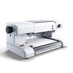 A close-up of a white sewing machine, showcasing its advanced features and sleek design for precision sewing projects.