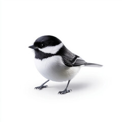 Obraz premium A small black-capped chickadee bird with a striking black and white pattern, standing on a white background.