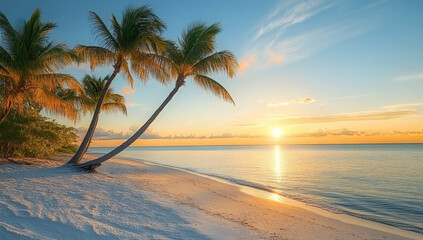Fototapeta premium A scenic sunset over a tranquil beach with palm trees.