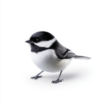 A small black-capped chickadee bird with a striking black and white pattern, standing on a white background.