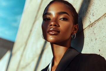 A fashionable dark-skinned lady on a magazine cover. A stylish African American woman in a sharp blazer. Businesswoman in a glossy magazine.