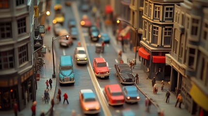Obraz premium Paper Cityscape Diorama: A Bustling Street Scene in Miniature