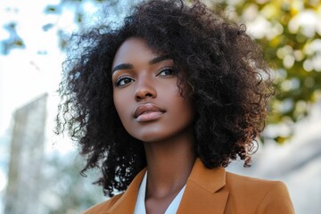 A fashionable dark-skinned lady on a magazine cover. A stylish African American woman in a sharp blazer. Businesswoman in a glossy magazine.