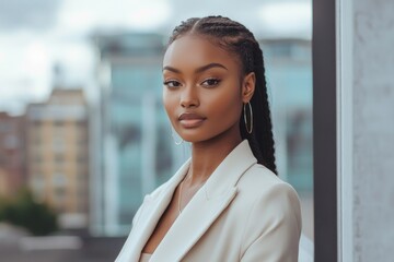 A fashionable dark-skinned lady on a magazine cover. A stylish African American woman in a sharp blazer. Businesswoman in a glossy magazine.