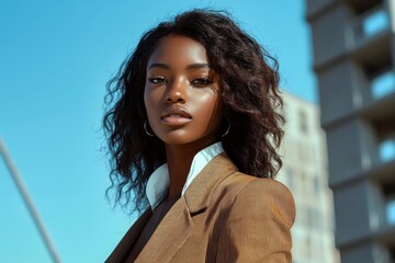 A fashionable dark-skinned lady on a magazine cover. A stylish African American woman in a sharp blazer. Businesswoman in a glossy magazine.