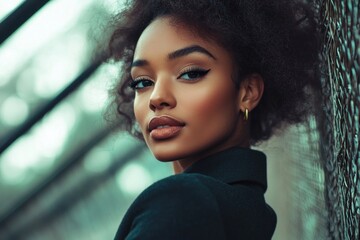 A fashionable dark-skinned lady on a magazine cover. A stylish African American woman in a sharp blazer. Businesswoman in a glossy magazine.