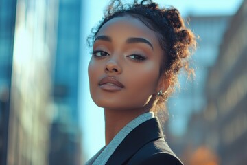 A fashionable dark-skinned lady on a magazine cover. A stylish African American woman in a sharp blazer. Businesswoman in a glossy magazine.