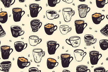 Coffee Lovers' Dream: Seamless Pattern with Doodles of Mugs, Words, and Symbols