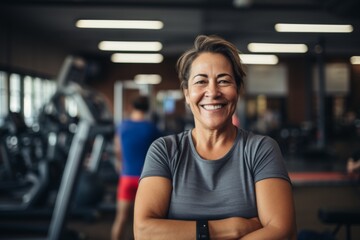 Smiling portrait of a middle aged slightly overweight woman in gym