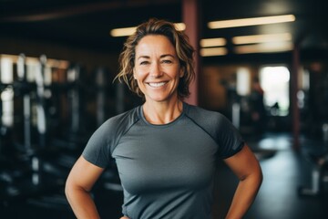 Fototapeta premium Smiling portrait of a middle aged slightly overweight woman in gym