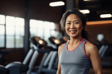 Fototapeta premium Smiling portrait of a middle aged slightly overweight woman in gym