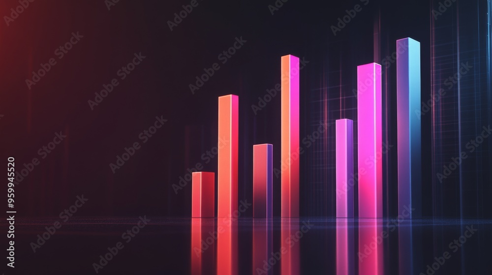 Poster A sleek 3D bar graph with glossy columns of different heights, set against a dark background, emphasizing data visualization in finance and business.