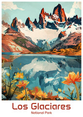 Los Glaciares National Park Poster Illustration Travel Print Decor Gift Paper Canvas Wall Retro Art