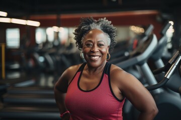 Fototapeta premium Smiling portrait of a middle aged slightly overweight woman in gym