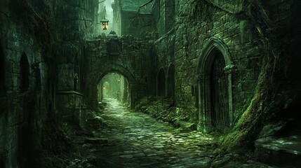 Mysterious grim dark dungeon alley with shadowy ambiance, stone walls, and eerie atmosphere, perfect for fantasy backgrounds, new beautiful stock image illustration AI