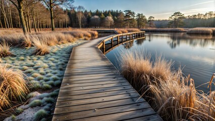 a frosty boardwalk glistens over pudmore pond