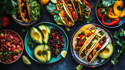 A delightful spread features a variety of colorful vegan tacos topped with fresh vegetables and accompanied by bowls of guacamole, black beans, and salsa, highlighting a wholesome meal