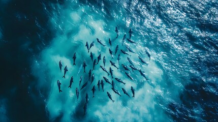 Pod of dolphins swimming in clear blue ocean water from an aerial view