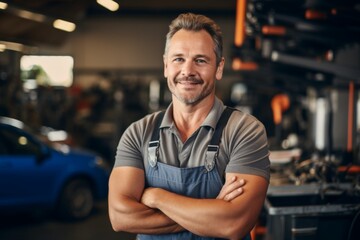 Obraz premium Portrait of a middle aged male car mechanic in workshop