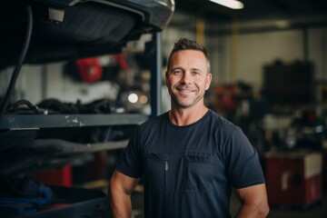Obraz premium Portrait of a middle aged male car mechanic in workshop