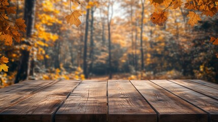 empty old plank board table with blur autumn forest background