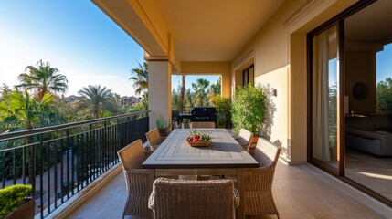 A spacious balcony with a dining area, featuring a large table, comfortable chairs, and a barbecue grill, ideal for entertaining guests