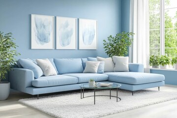 Fototapeta premium Modern Minimalist Living Room with Light Blue Sofa and Green Plants