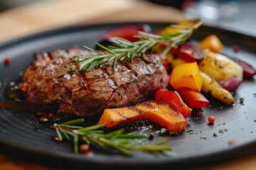 Beef steak with vegetables on plate