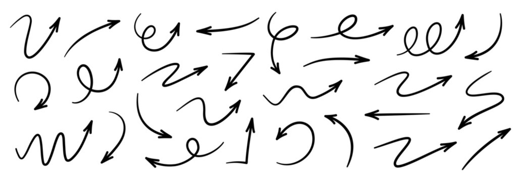 Arrows hand drawn doodle icons set. Curved cartoon arrows sketches collection. Flat and thin pointers illustrations. Scribble swirl arrow signs.