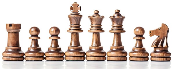 Vintage Wooden Chess Set Positioned for a New Strategic Game on Isolated White Background