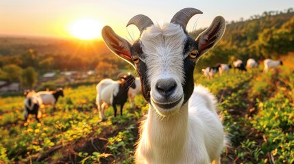 Fototapeta premium herd of cute goat in farm field at sunset, farmland animals 