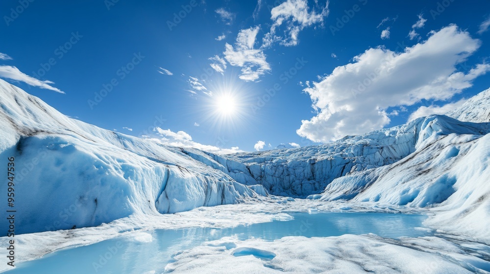 Poster a stark image of a melting glacier with visible cracks and pools of water, set against a bright blue