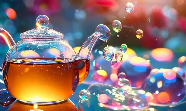 A whimsical teapot pouring a stream of colorful bubbles, each one floating through the air and reflecting the surrounding world. 4K Video