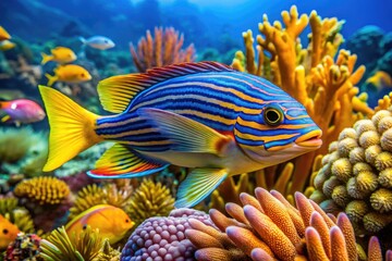 Colorful marine creature with vibrant blue and yellow stripes, puffed up in defense, swims in a coral reef surrounded by sea anemones and schools of fish.