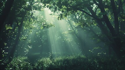 Fototapeta premium Sunbeams shining through the trees in a lush forest.