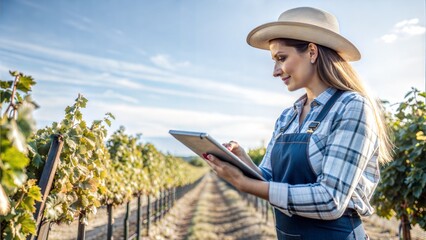 Fototapeta premium a woman farmer examines the vineyard