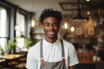 Fototapeta premium Portrait of a smiling young male barista in cafe