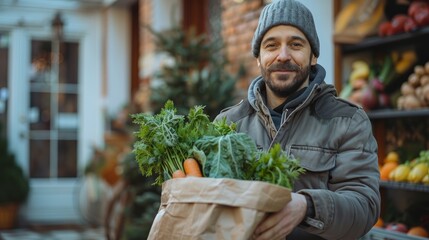 Delivery man holding a grocery bag ready to deliver to the customer at home