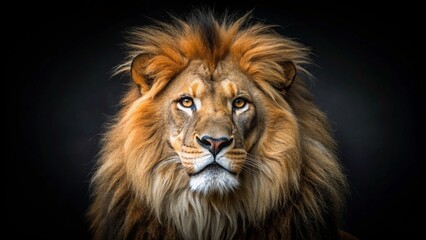 Fototapeta premium Majestic African lion with a shaggy mane and piercing eyes posed against a dark, velvety black background regally.