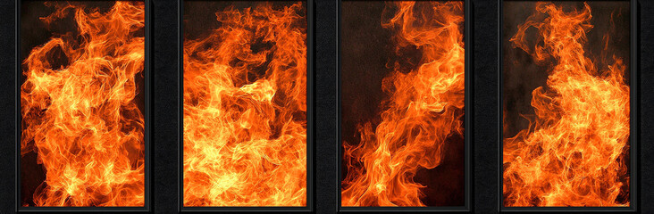 High-resolution imagery of four panels, each displaying different types of flames on a black background, focusing on the vivid and unique characteristics of each fire pattern.