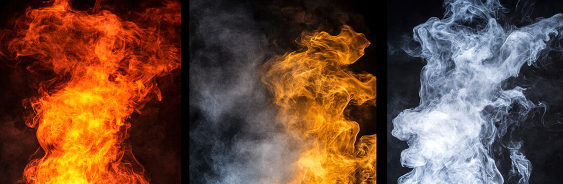 High-resolution imagery of four panels, each displaying different types of flames on a black background, focusing on the vivid and unique characteristics of each fire pattern.