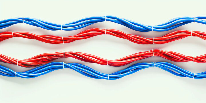 Red and blue internet network cables arranged in parallel lines on a white background.